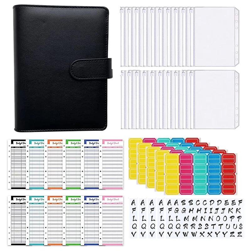 

A6 PU Leather Binder Budget , With 15 Binder Pockets, 12 Budget Sheets, 5 Letter Sticker Label And 5 Labels