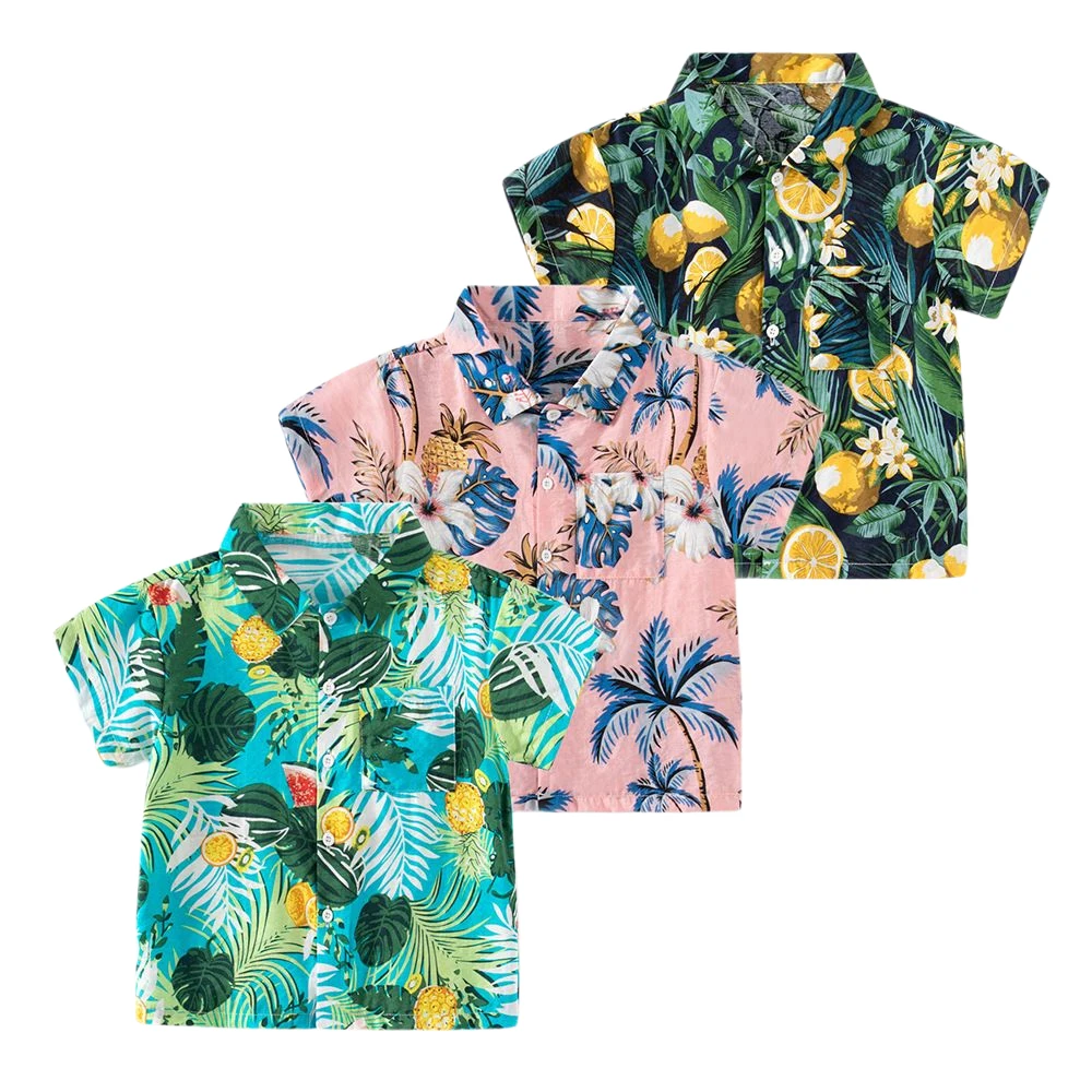 2023 New Boy Shirt Summer Beach Hawaiian Resort Style Children Floral Top2-8Y Short Sleeve Shirts Kids Lapel Shirt for Baby Wear