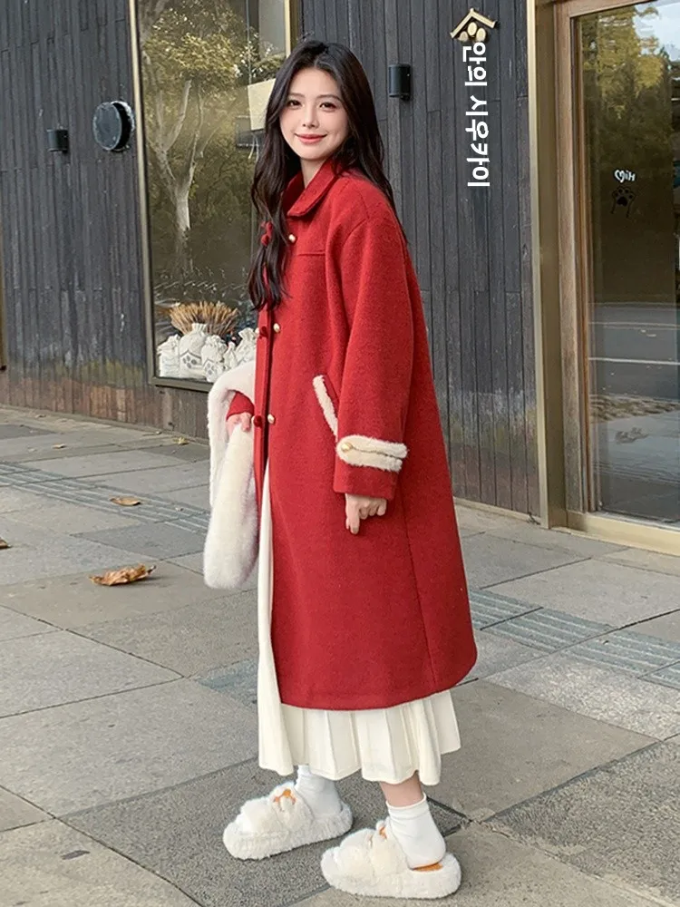 New Year Christmas Red Woolen Jacket Women 2024 Autumn and Winter High Sense Super Nice Korean Series Thick Coat