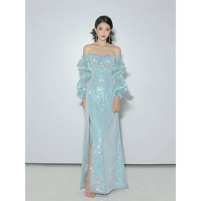 Women Elegant Blue Exquisite Sequins Off Shoulder Evening Dress Sexy High Split Long Mermaid Party Dress