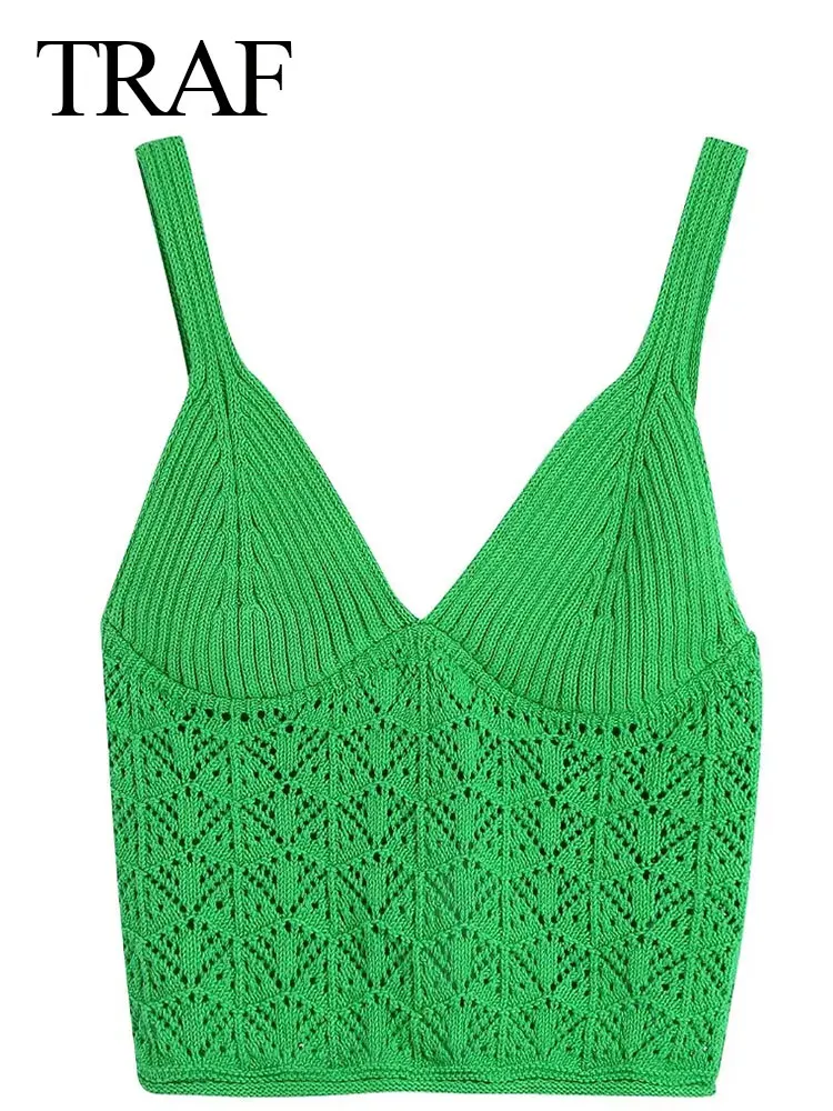 

TRAF Hollow Knit Design Comfortable V-Neck Cropped Women's Top Slings Elegant Solid Color Retro Fashion Lady Clothing New