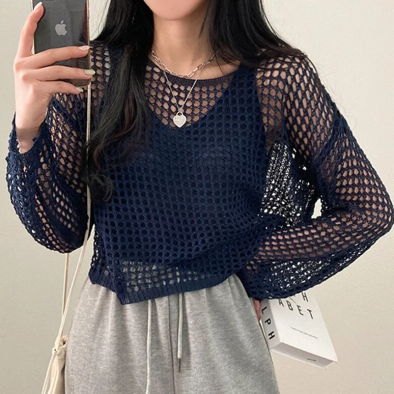 

Korean Chic Summer French Retro Sexy Perspective hollow out sweater Long-sleeved Short Knitted Pullover and Tank 2-piece Set