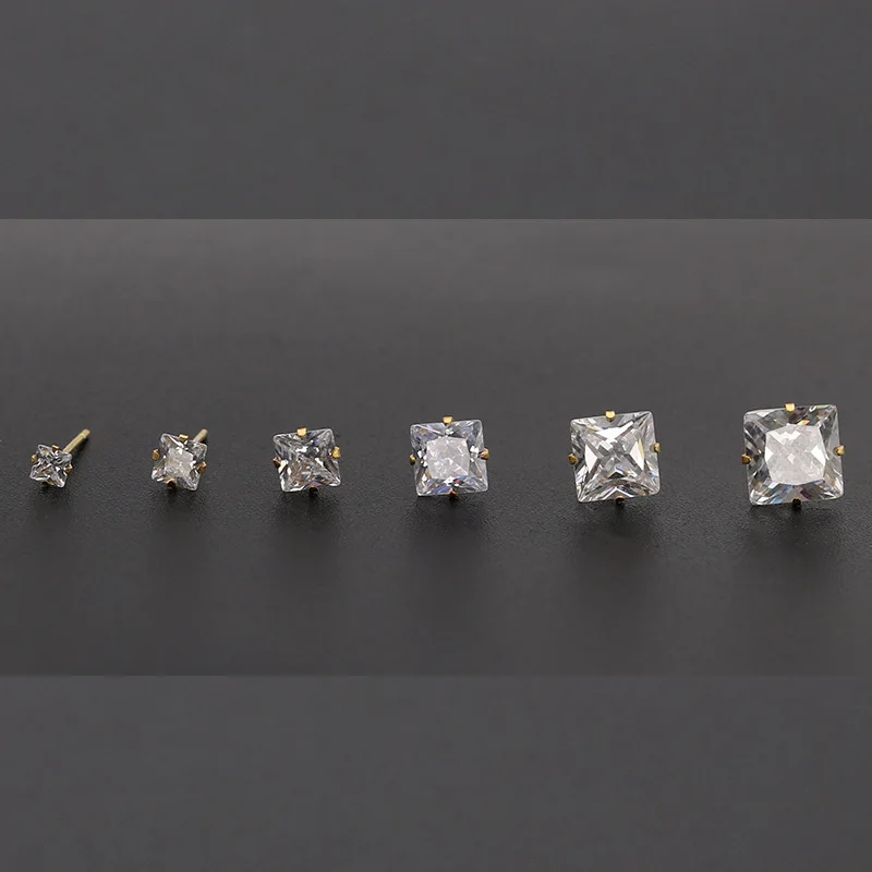 Серьги-гвоздики с квадратными фианитами, 3-8 мм