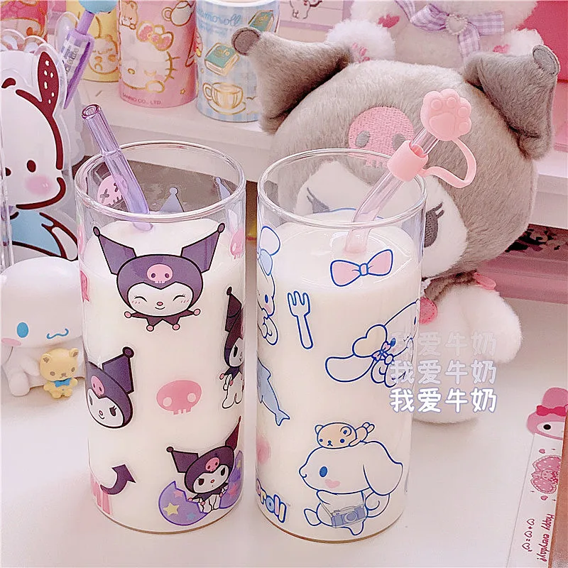 

400Ml Sanrio Cinnamoroll Kuromi Glass-Cup Straw Household Heat-Resistant Milk Juice Cup Cute Creative Cold Drink Breakfast Cup