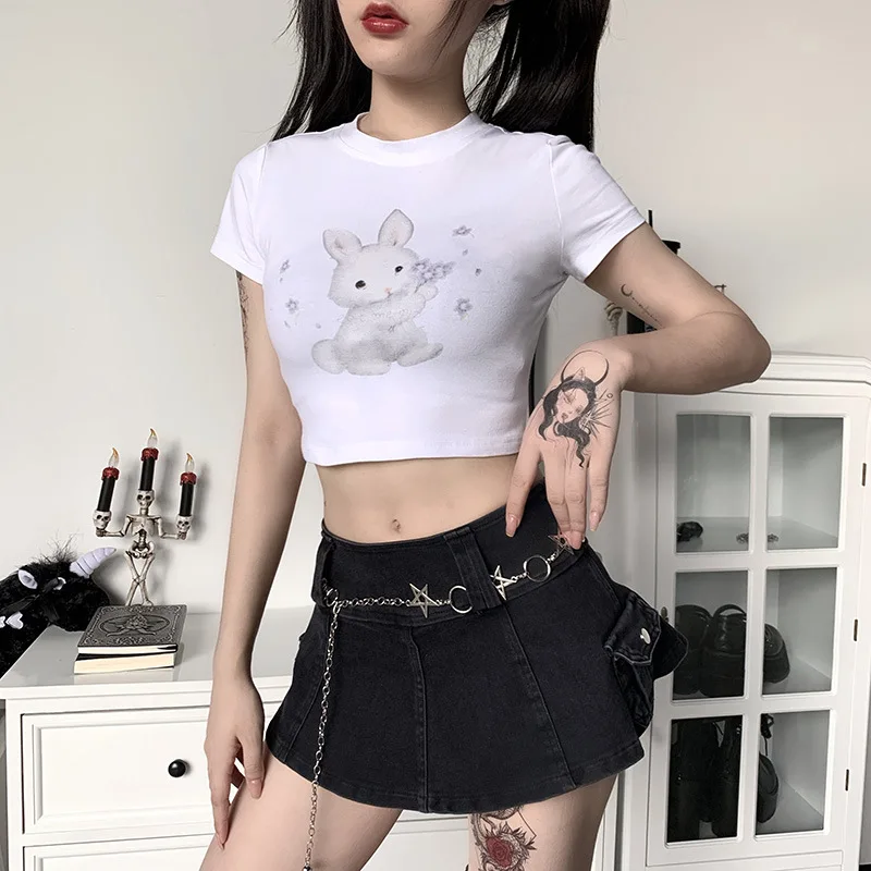 

Anime Cute Sweet T-shirt Women Short Sleeve Bunny Printed O-neck Slim Short crop top Tees Ins Style Sexy Streetwear Graphic Tees