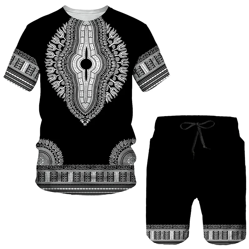 

2022 New Crew Neck Casual Sportswear 2 Pieces Summer Men's T-Shirt Shorts Jogging Suit 3DPrinted Digital Patchwork Oversized Men