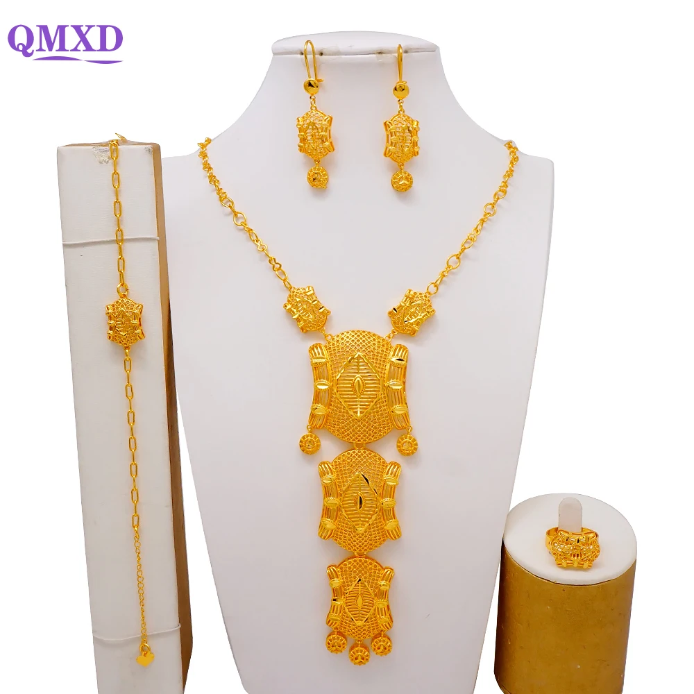 

Dubai Nigerian Gold Color Plated Jewelry Set For Women Indian Long Necklace Big Pendant Copper Earrings Bridal Wedding Gifts