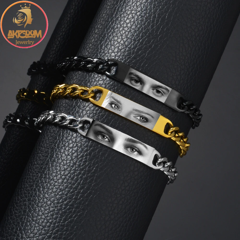 Akizoom панк гравировка имени глаз картина браслеты ожерелье из нержавеющей стали