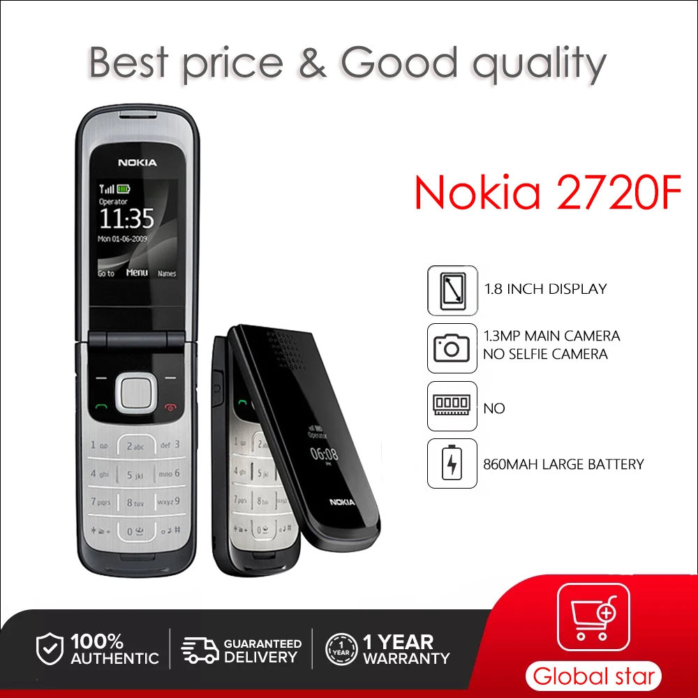 

Nokia 2720 Fold Original Unlocked 2720F 1.8 inch 1.3MP Removable Li-Ion 860 mAh battery 2G mobile phone