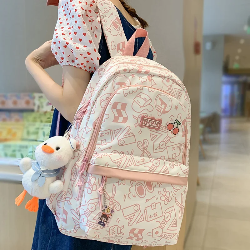 

Cartoon Print Female Laptop College Packet Girl Travel Harajuku Book Backpack Lady Kawaii Graffiti Bags Women SchoolBag