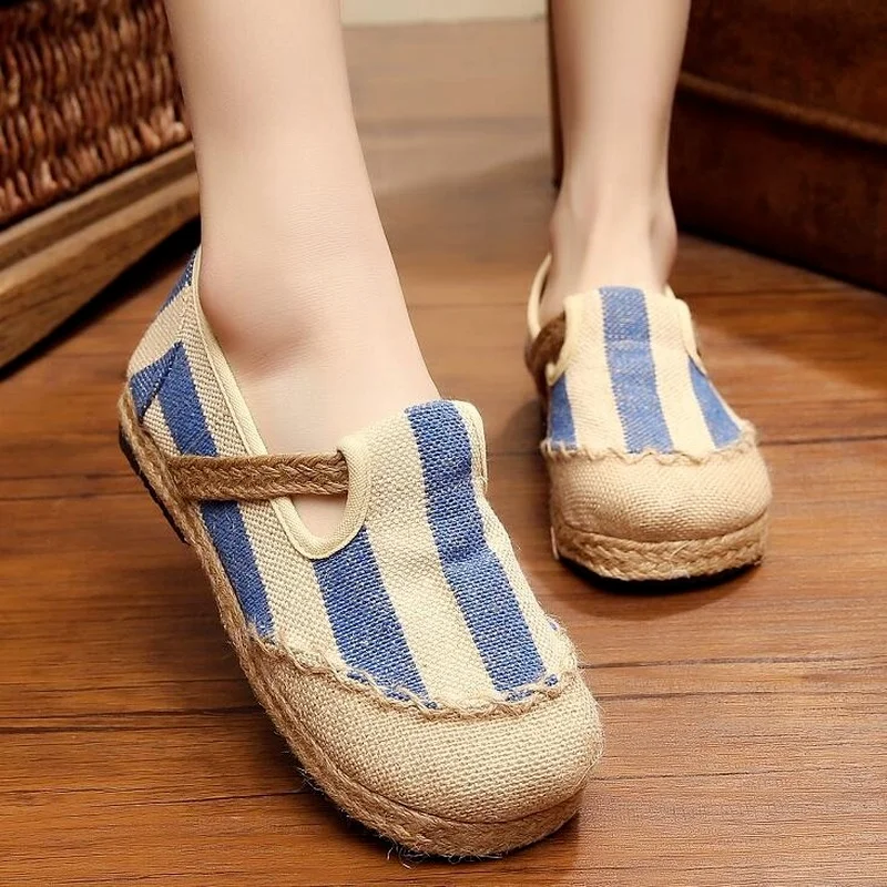 

2022 Striped Women Casual Cotton Cloth Loafers Handmade Slip on Ladies Thick Hemp Soled Canvas Flat Shoes Zapato Mujer