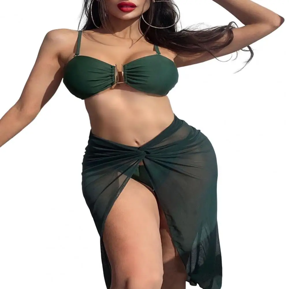 

3Pcs/Set Adjustable Straps Bikini Cover Up Set Bandeau Knot Sling Bra High Waist Briefs Front Split Skirt Set Women Beachwear