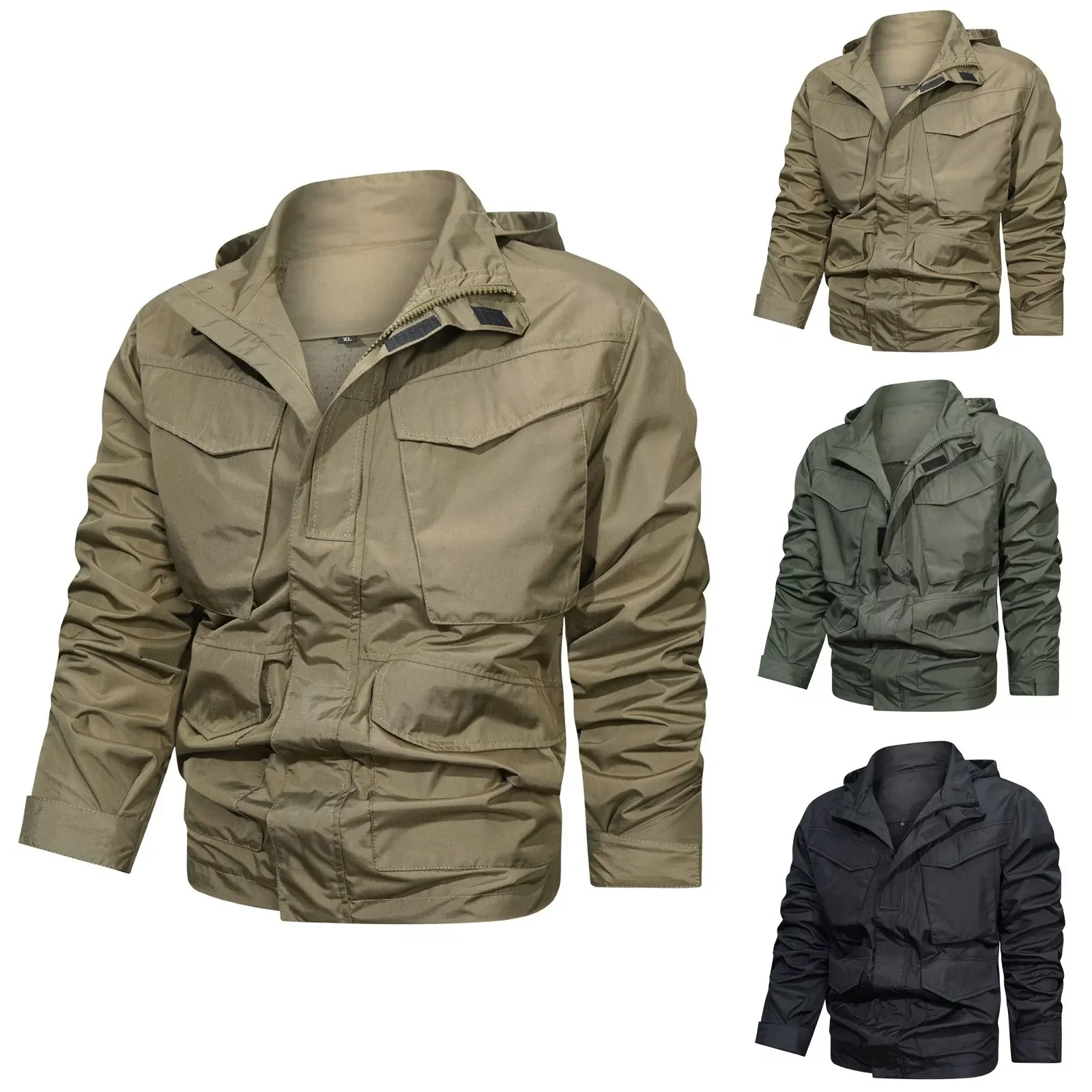 

NEW IN Male Autumn And Winter Zip Hood Collar Multi Pockets Long Sleeve Outdoor Coat Windproof Waterproof Hooded Jacket Pocket J