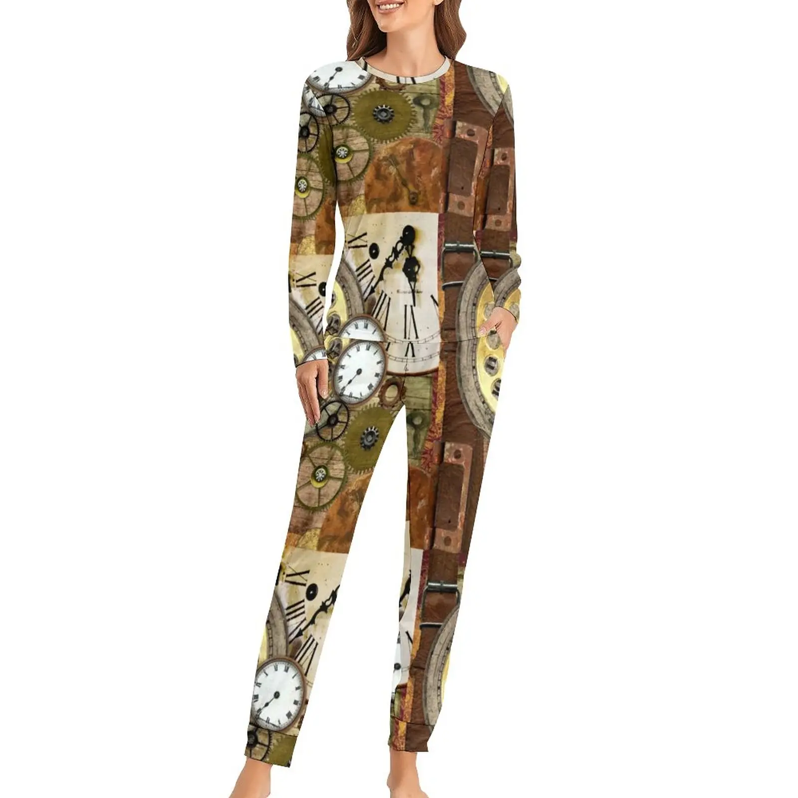 

Gears Steampunk Pajamas Steam Punk Neck Gator Clock Elegant Sleepwear Long-Sleeve Room Pajamas Set Oversize Print Home Suit