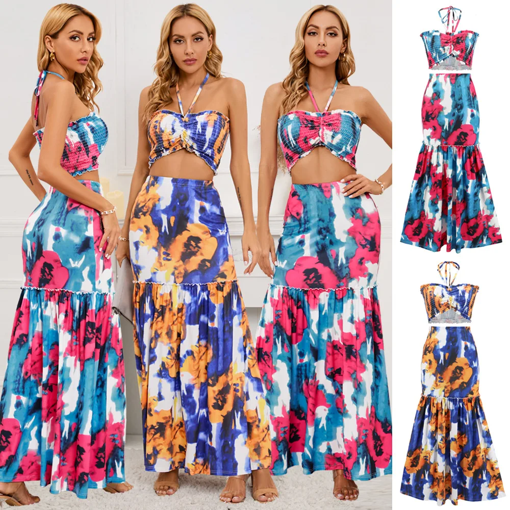 

2023 Summer Womens Sexy Bohemian Print Hanging Neck Backless Fishtail Skirt Two Piece Outfits Set Dress And Holiday Suit Dress