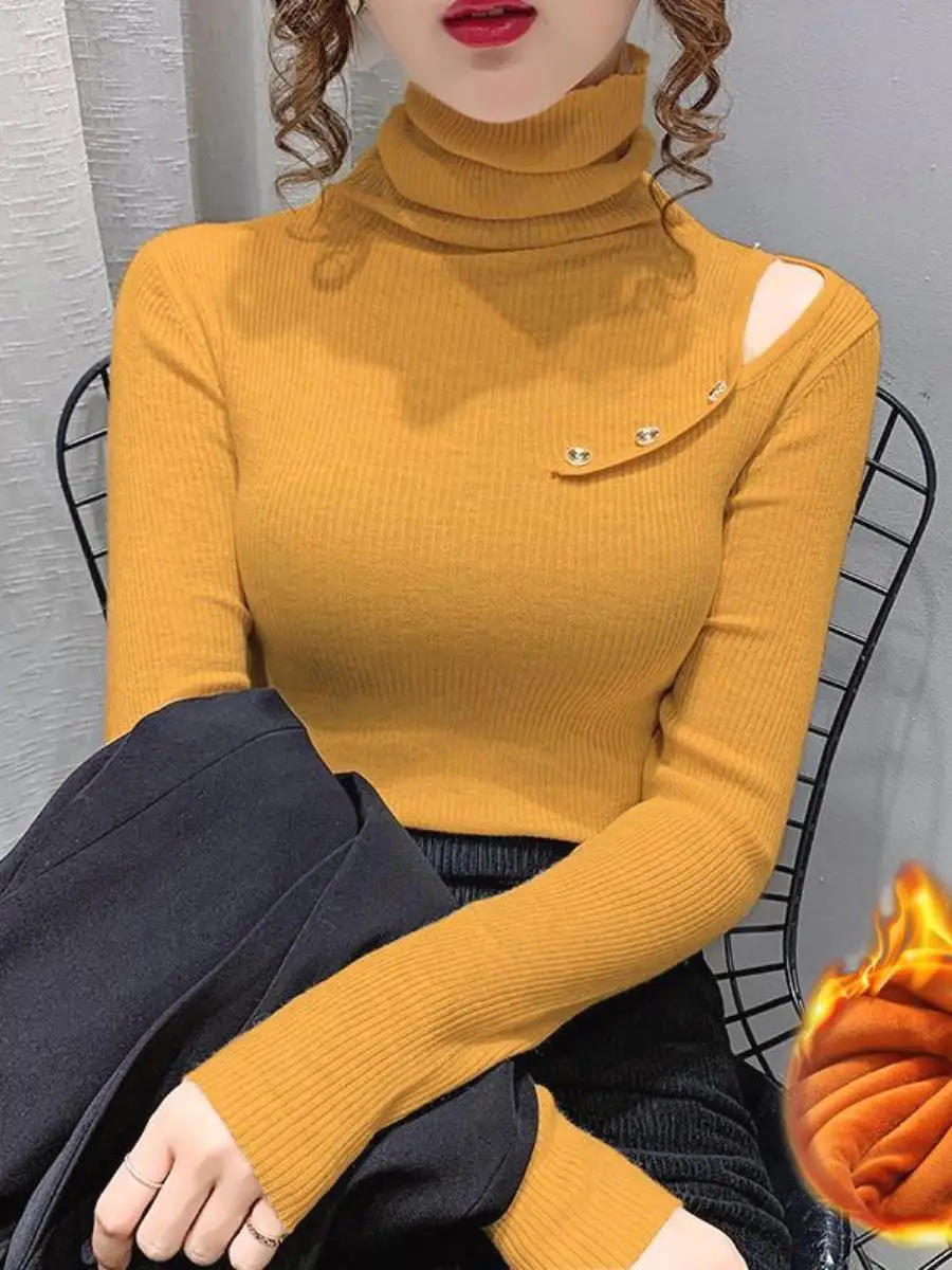 Fleece-lined New Pile Collar Pullover Sweater Women Autumn and Winter Western Sle Hollow Button Inner wear Knitted Bottomin...