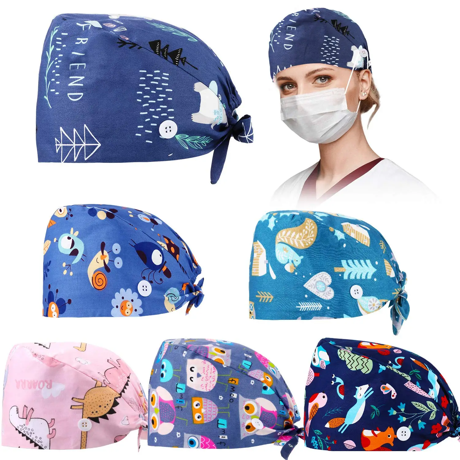 

Surgica Print Scrub Working Hat With Buttons Adjustable Sweatband Bouffant Hats Unisex Tie Back Cap Elastic Nurse Accessories