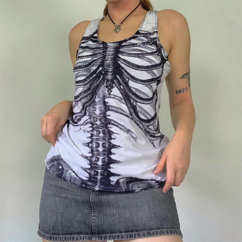 

Женская летняя кофта Y2K с принтом скелета, пуловер без рукавов с глубоким U-образным вырезом, повседневная майка для женщин