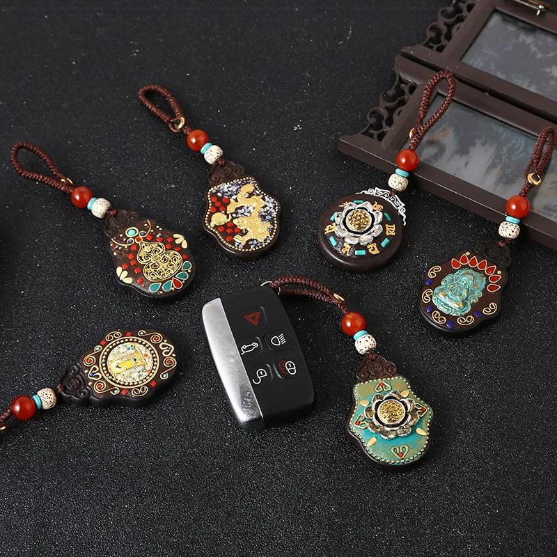 

Nepalese Handmade Keychain Ebony Inlaid Brass With Agate beads National style Keyring Car Key Chain Bag Hanging Keychain Pendant