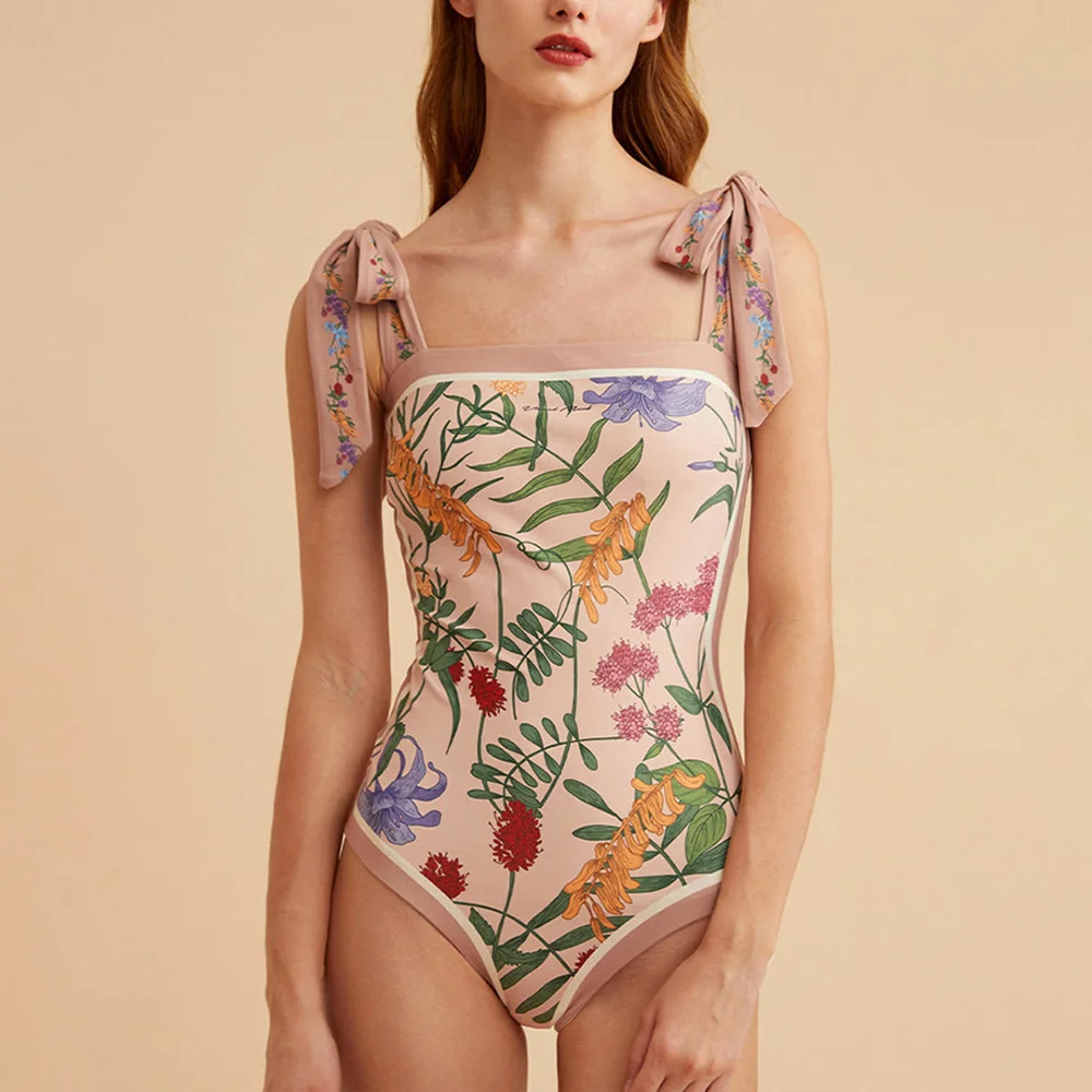 

Pink Double Sided Print One Piece Swimsuit Set Lace Up Slim Bikini and Beach Skirt Vintage Square Neck Elegant Swimwear 2023
