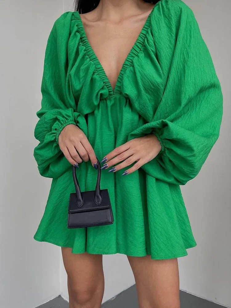 

Женское мини-платье с V-образным вырезом, длинным рукавом-фонариком