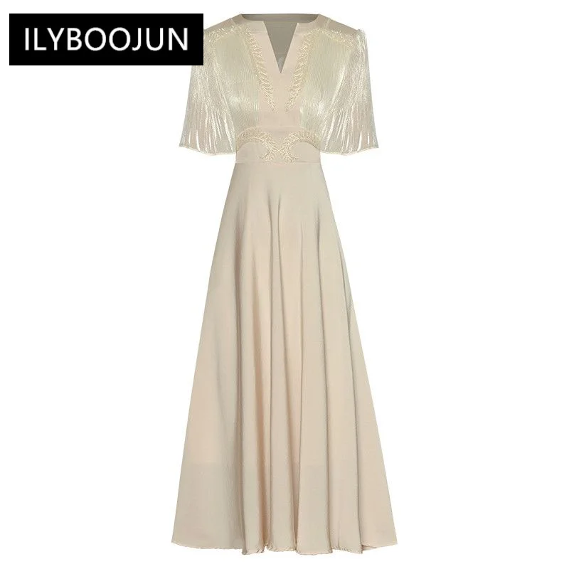 

Женское платье с V-образным вырезом, коротким рукавом и бусинами