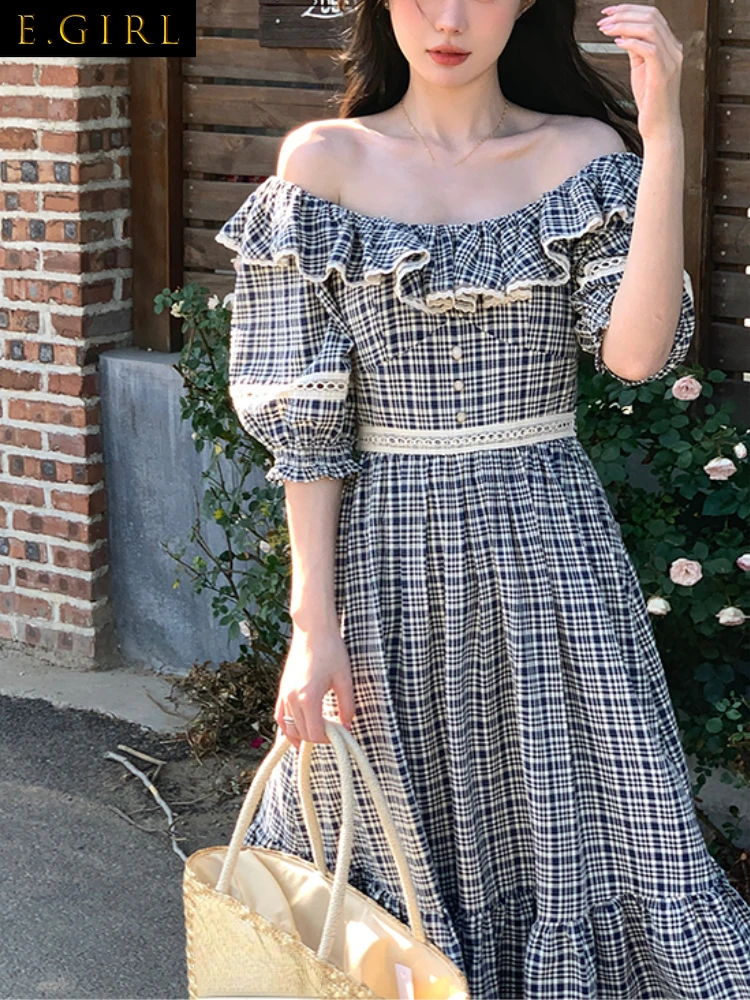 

French Retro Chic Plaid Dress Lace Slim Puff Sleeve Ruffles Sweet Korean Dress Even Party Fashion Boho Dress Summer 2022 Kawaii