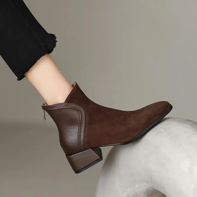 

Женские эластичные ботинки FHANCHU 2022, модная осенне-зимняя обувь из флока, ботильоны на среднем каблуке, с круглым носком, на молнии сзади, черные, коричневые, Прямая поставка