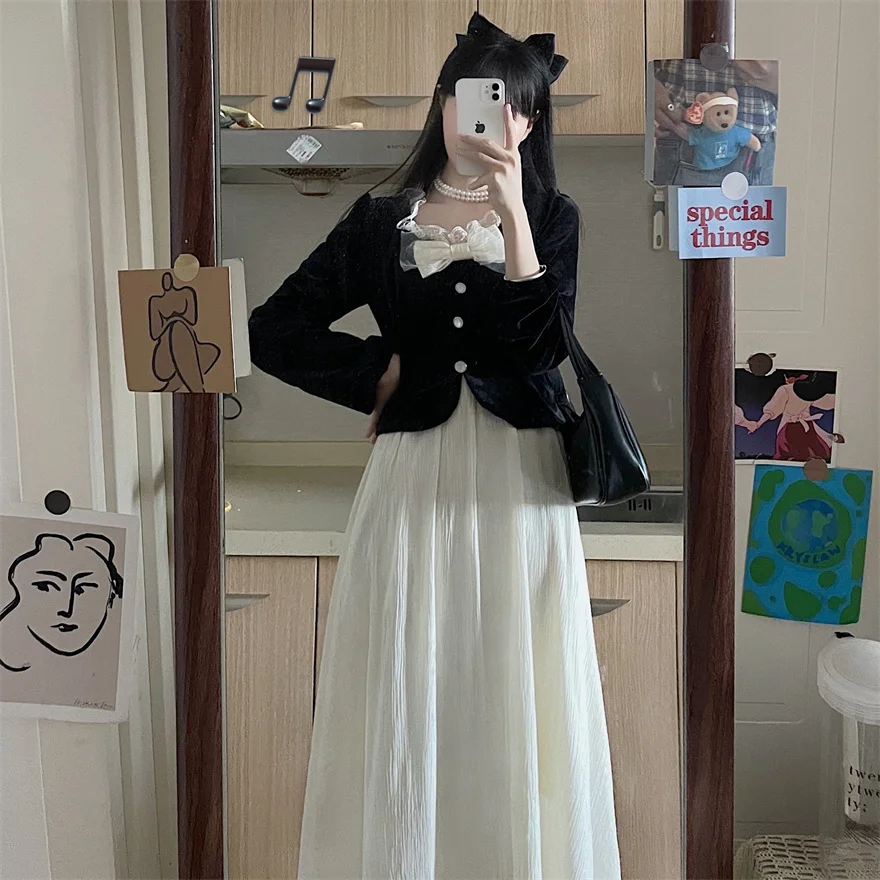 

Fake Two Robe Femme Vintage Maxi Dresses Women's Clothing Square Collar Sweet Bow Velvet Vestido Feminino Korean Elegant Dress