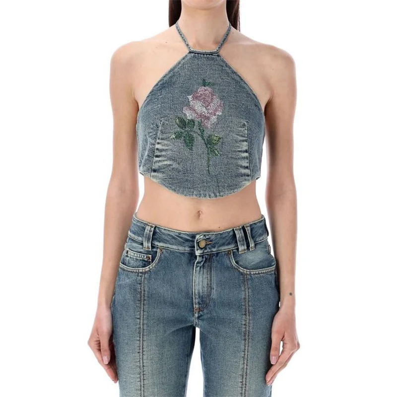 

Women's Tank Top 2023 Summer New Korean Fashion Rose Printing Vest Cotton Denim Crop Top y2k Vintage Washed Sleeveless Top traf