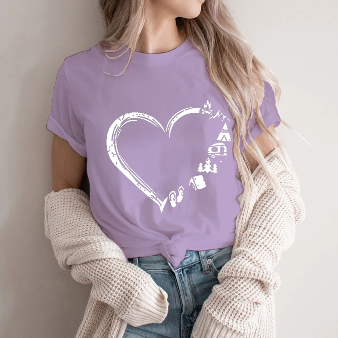 

Rheaclot Campping Lover Heartbeat Women's Summer Tops Graphic T-shirt Round Neck Tee