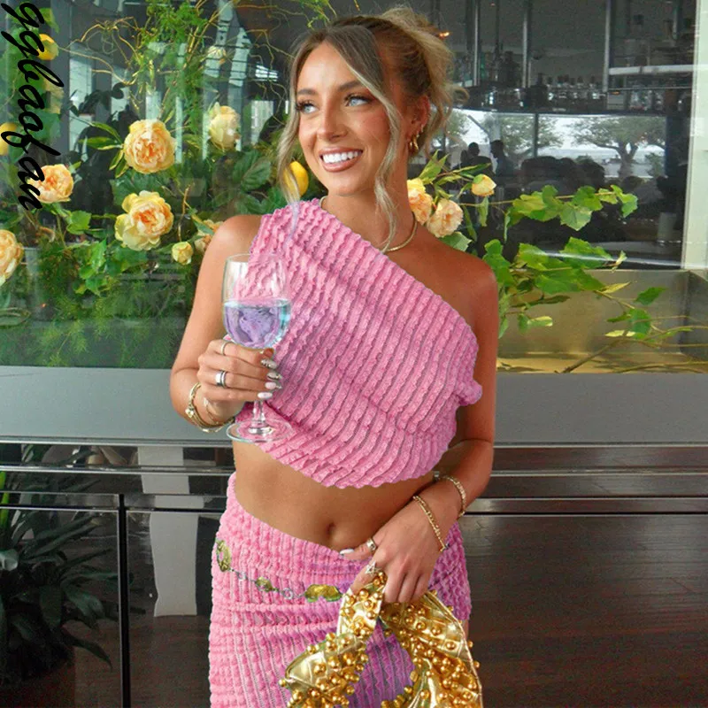 

Элегантный летний сексуальный комплект Ggbaofan из двух предметов неправильной формы, Модный комплект с топом с рюшами и юбкой, подходящие ко-образные комплекты