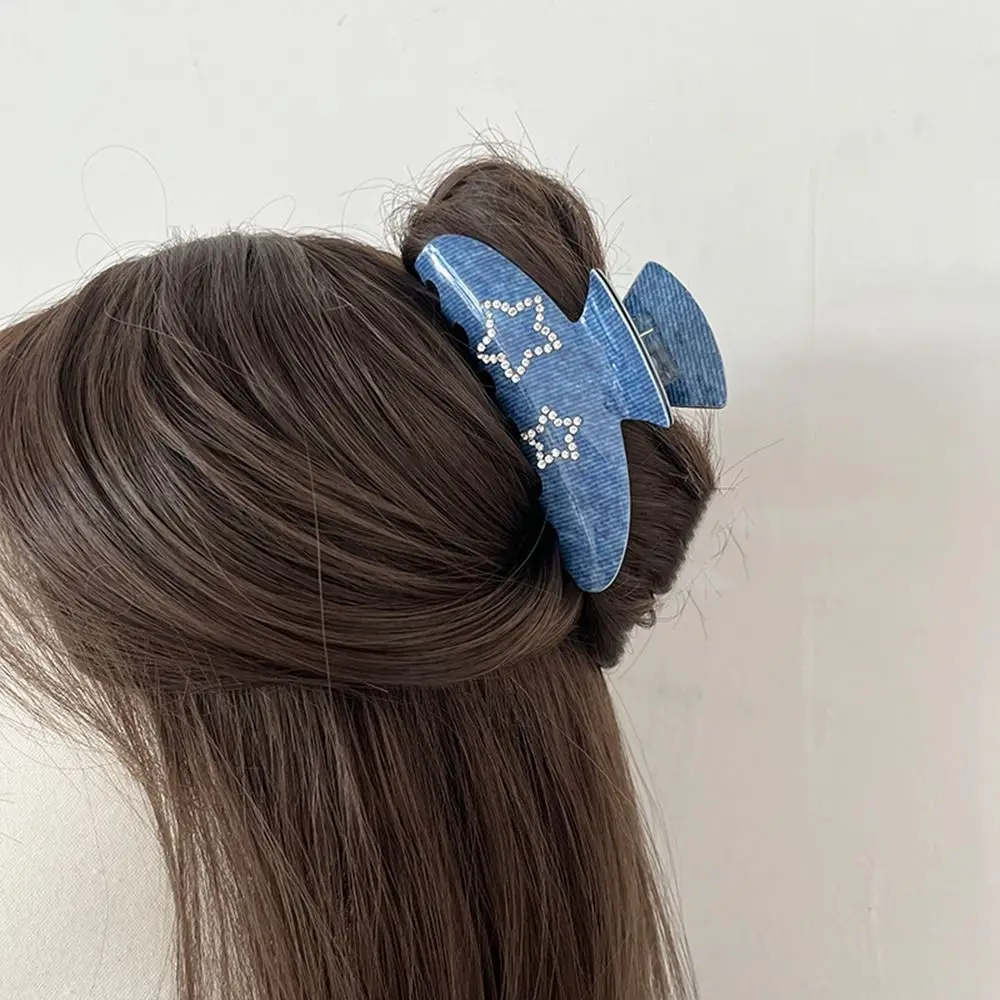

Pentagram Acetate Star Hair Claw Fashion Y2k Blue Denim Rhinestones Hair Clip Headdress Acetic Acid Shark Clip Female