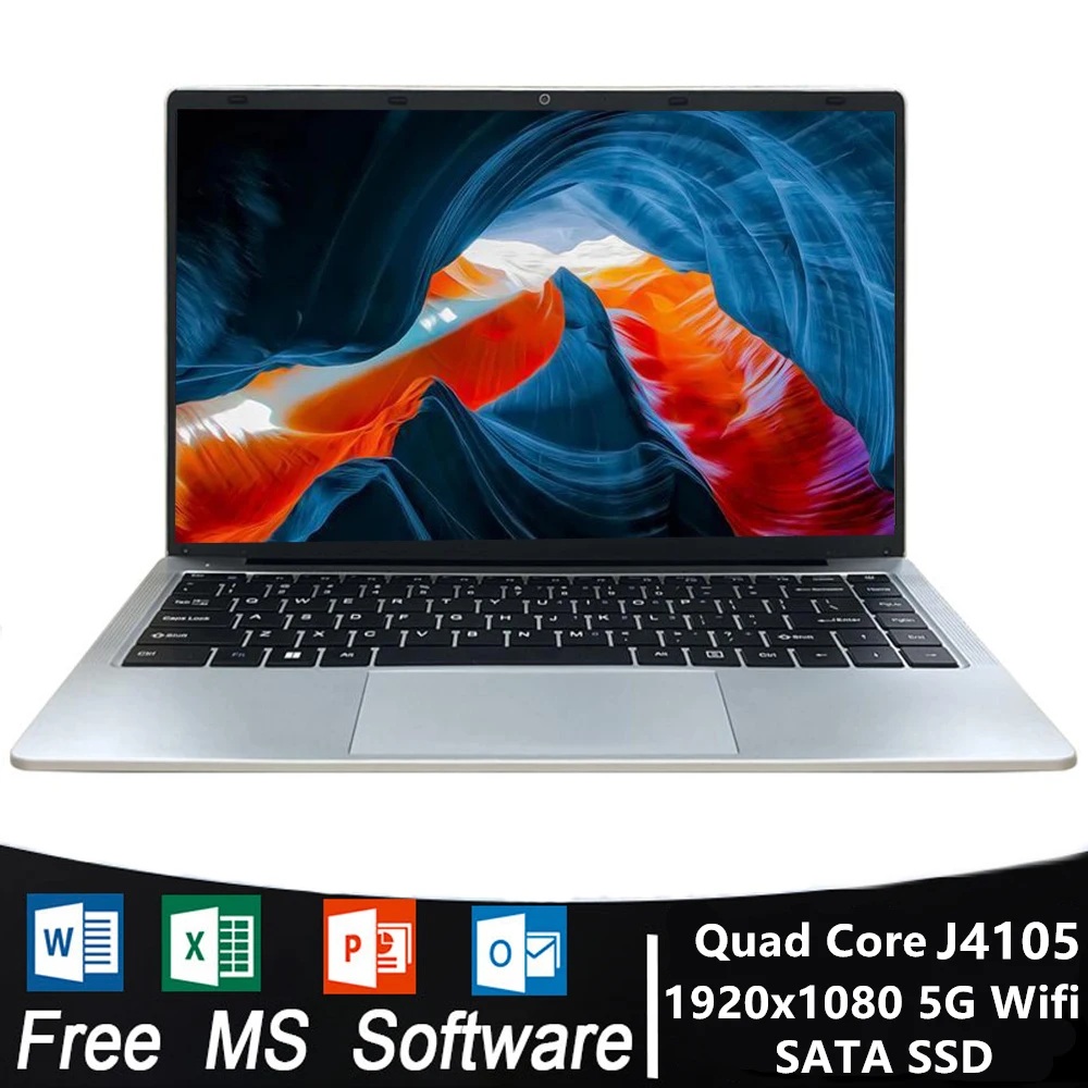 2022 Intel Notebook Quad Core Intel J4105 14.1 Inch  Laptop 6GB RAM 128GB 256GB SSD Windows 10 Wifi Bluetooth 4.0 5G Dual Wifi