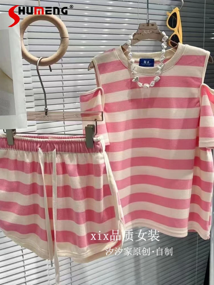 

Summer Set Women 2022 Preppy Style Striped Suit Women's Fashion Casual Sports Off-the-Shoulder Top and Shorts Two-Piece Set