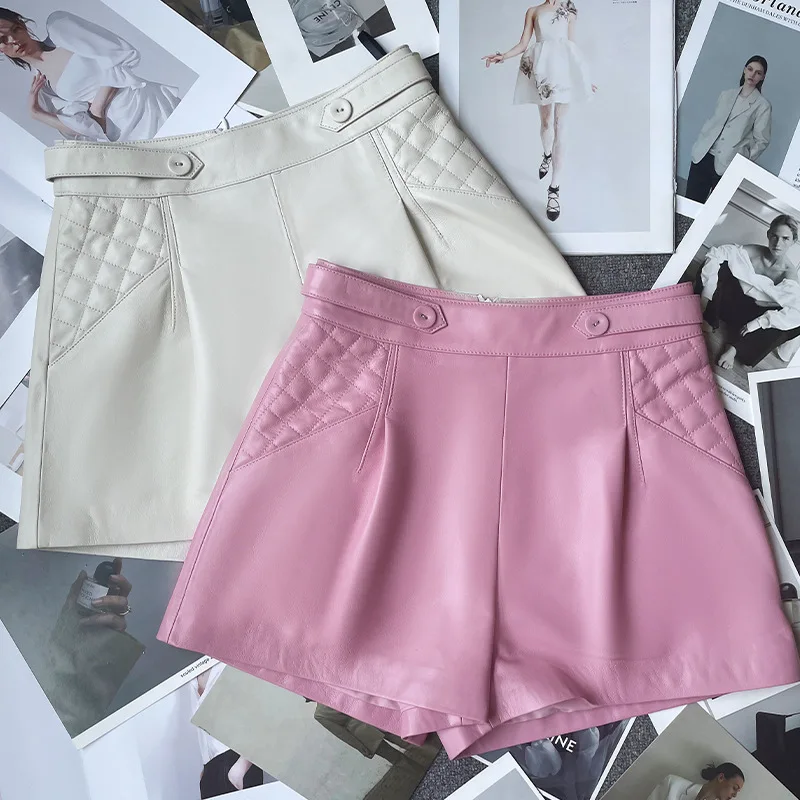 2022 New Autumn and Winter Sheepskin Leather Shorts Women High Waist All-match Thin Wide-leg Shorts G15