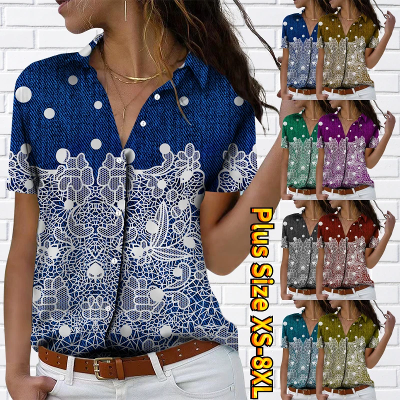 

Женская винтажная рубашка на пуговицах, с коротким рукавом и V-образным вырезом