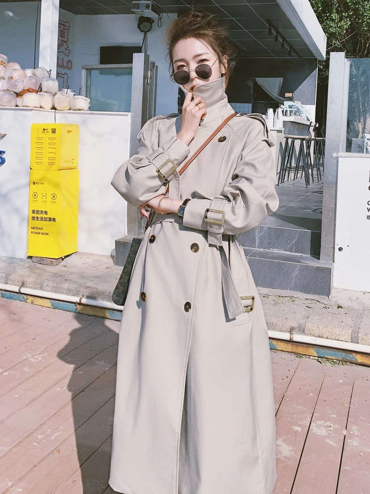 

Женский двубортный длинный Тренч с поясом, модное Свободное пальто в английском стиле, качественное дамское пальто-пыльник на весну-осень