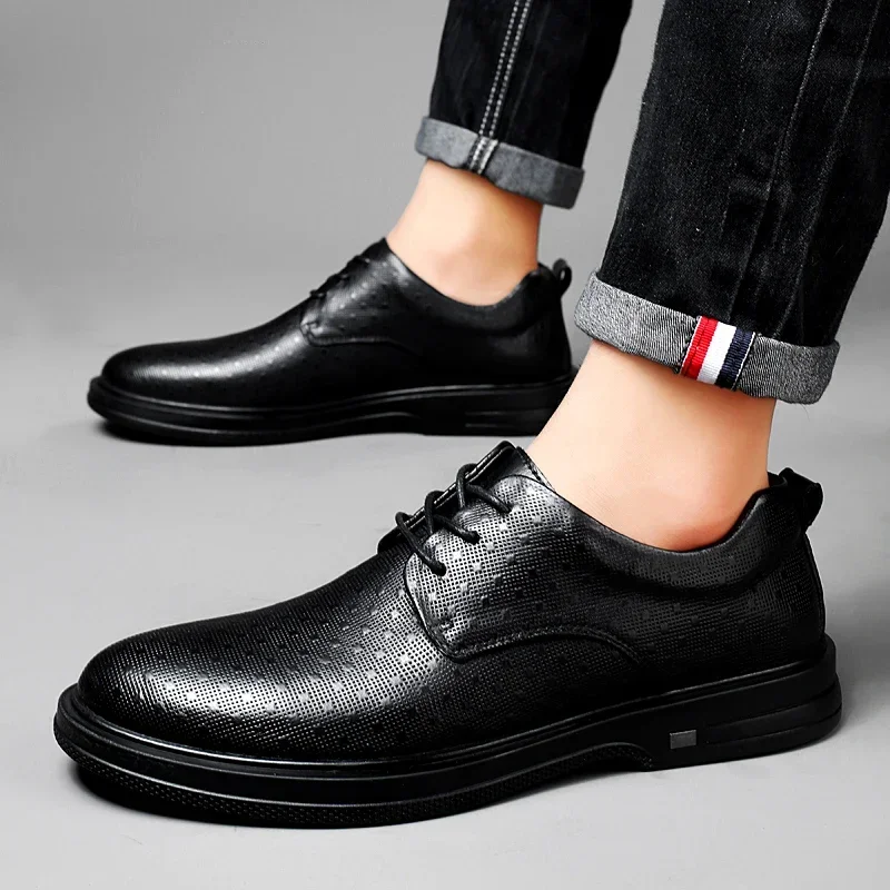 

Мужские кожаные туфли на шнуровке, однотонные повседневные деловые туфли на массивном каблуке, весна-осень 2023