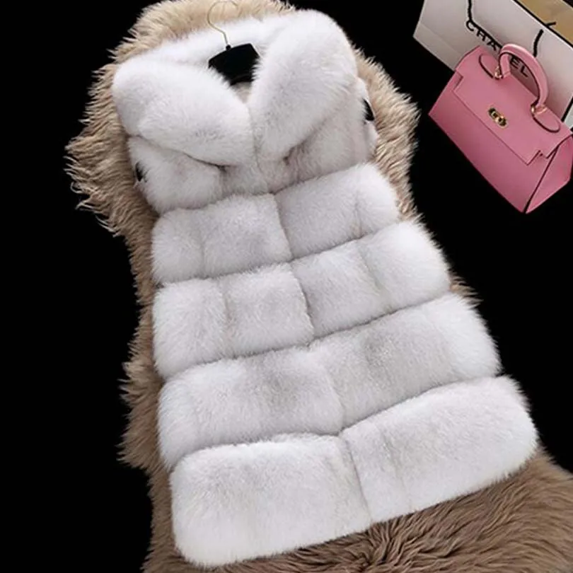 Faux Fur Winter Hooded Vest Women Warm Medium-Long Elegant Solid Color Fur Coat Artificial Fox Fur Oversize Jacket Gray Pink