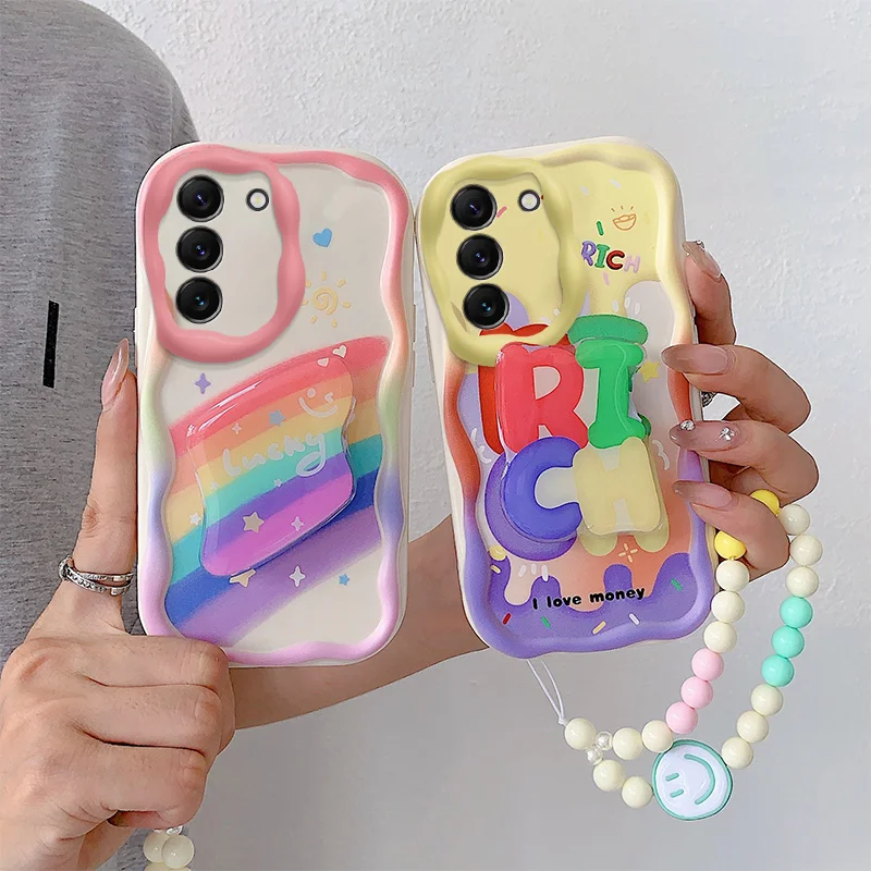 

Phone Case For Samsung Galaxy A02S M02S A025 F02S A03S Wavy Edge Creamy Cartoon Design With Holder And Bracelet Case Cover