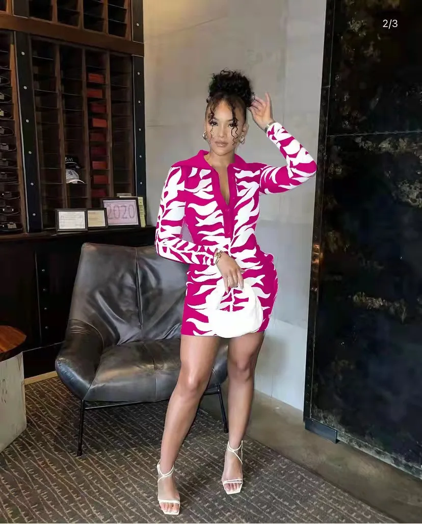 

Spring Summer Women Long Sleeve Printing Polyester O-neck Mini Dress Woman Dress