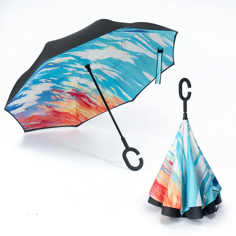 

Reverse Umbrella Creative Shank Folding C-Hook AntiUV Handle Double Layer Windproof Travel Parasol Inverted Self Stand Parapluie