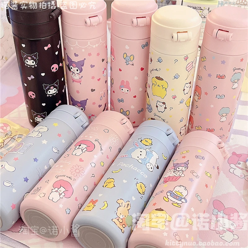 Cartoon 420ML Sanrioed My Melody Cinnamoroll Kuromi Pom Pom Purin 304 stainless steel thermal cup Students' water bottles