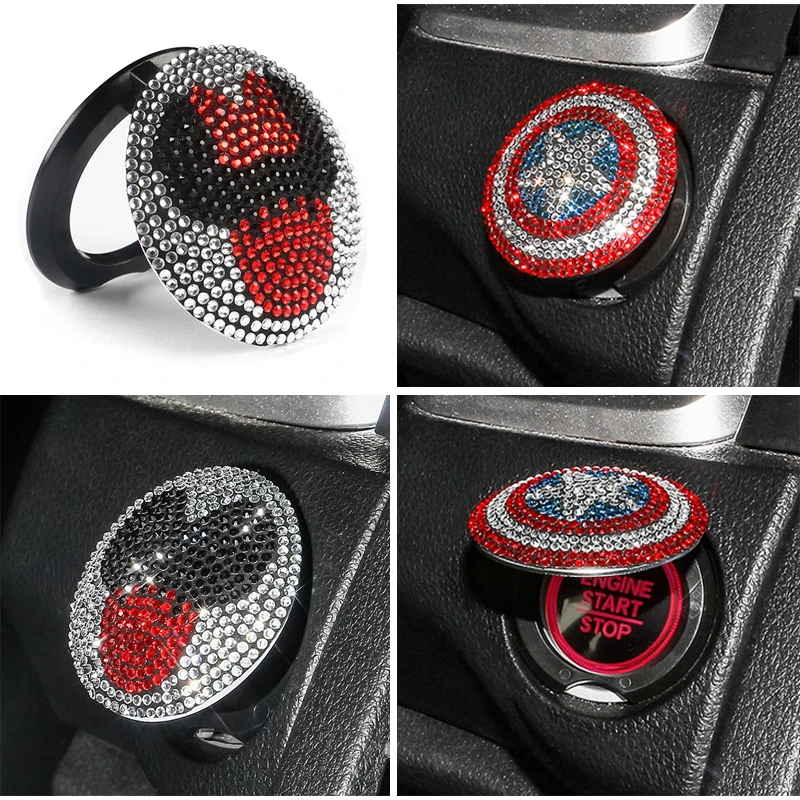 

Disney Luxury Shine 3D Car Interior Stickers Mickey Minnie Captain America Car Engine Start Stop Push Button Cover Trim Sticker