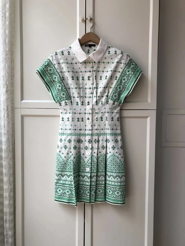 

EOS 2023 Women Embroidery Green Summer Vacation Holiday Mini Dress French Pairs Pleated Shirt Dress Free Shipping