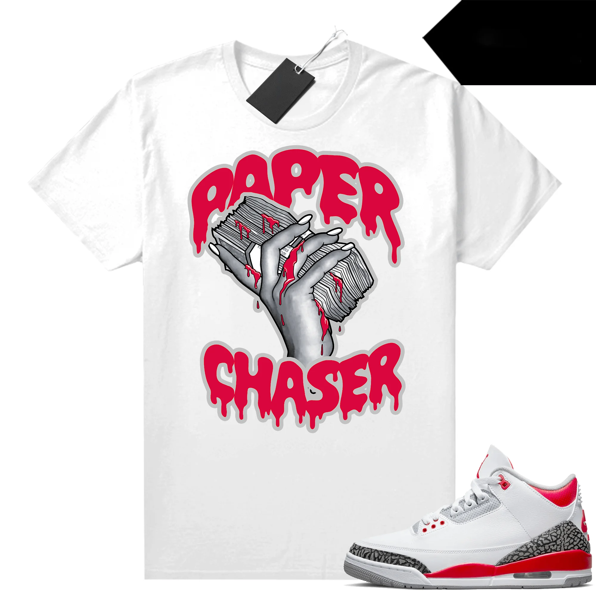

Fire Red 3s Shirts Sneaker Match White Paper Chaser Sneaker Clothing 100% Cotton Unisex Graphic T Shirts For Men