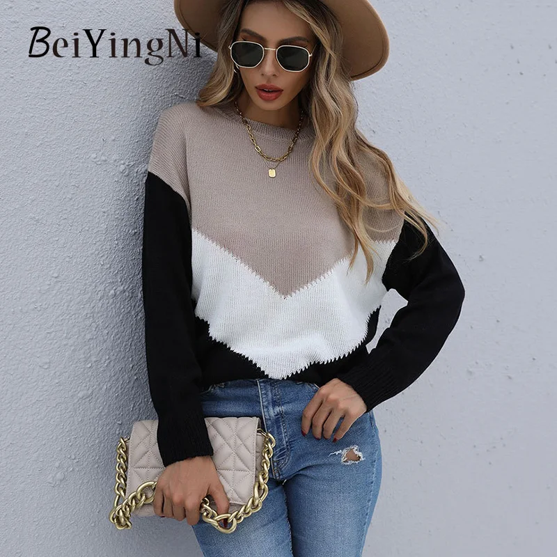 

Beiyingni 2022 Spell Color Women's Sweater O-neck Long Sleeve Black Knitting Female Pullover Autumn Winter Loose Casual Jumper