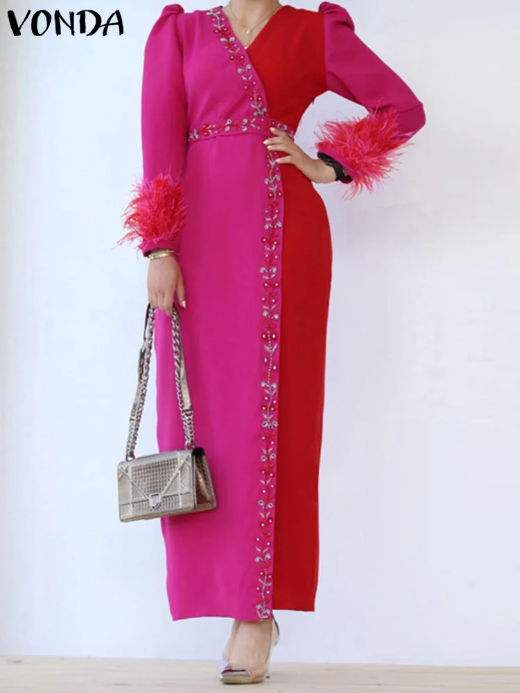 

VONDA 2022 Autumn Elegant Printed Dress Women Bohemian Sexy V-Neck Party Vestido Patchwork Casual Long Puff Sleeve Maxi Sundress