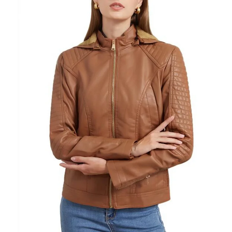 Female Pu Leather Jacket Women Faux Leather Outerwear Women Hooded Warm Leather Coat